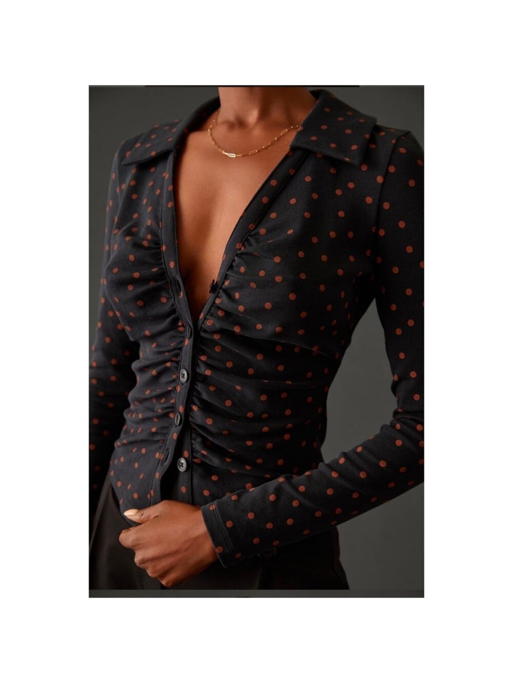 Maeve Anthropologie Ruched Button Front Top XL Black Tan Polka Dot Stretch